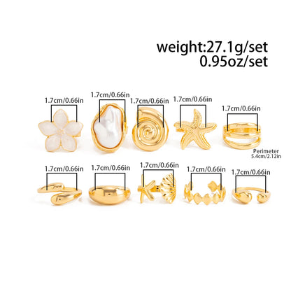Ingemark 10 Pcs/Set Trendy Conch Starfish Flower Open Rings for Women Bohemian Imitation Pearls Ring Summer Beach Jewelry Gifts