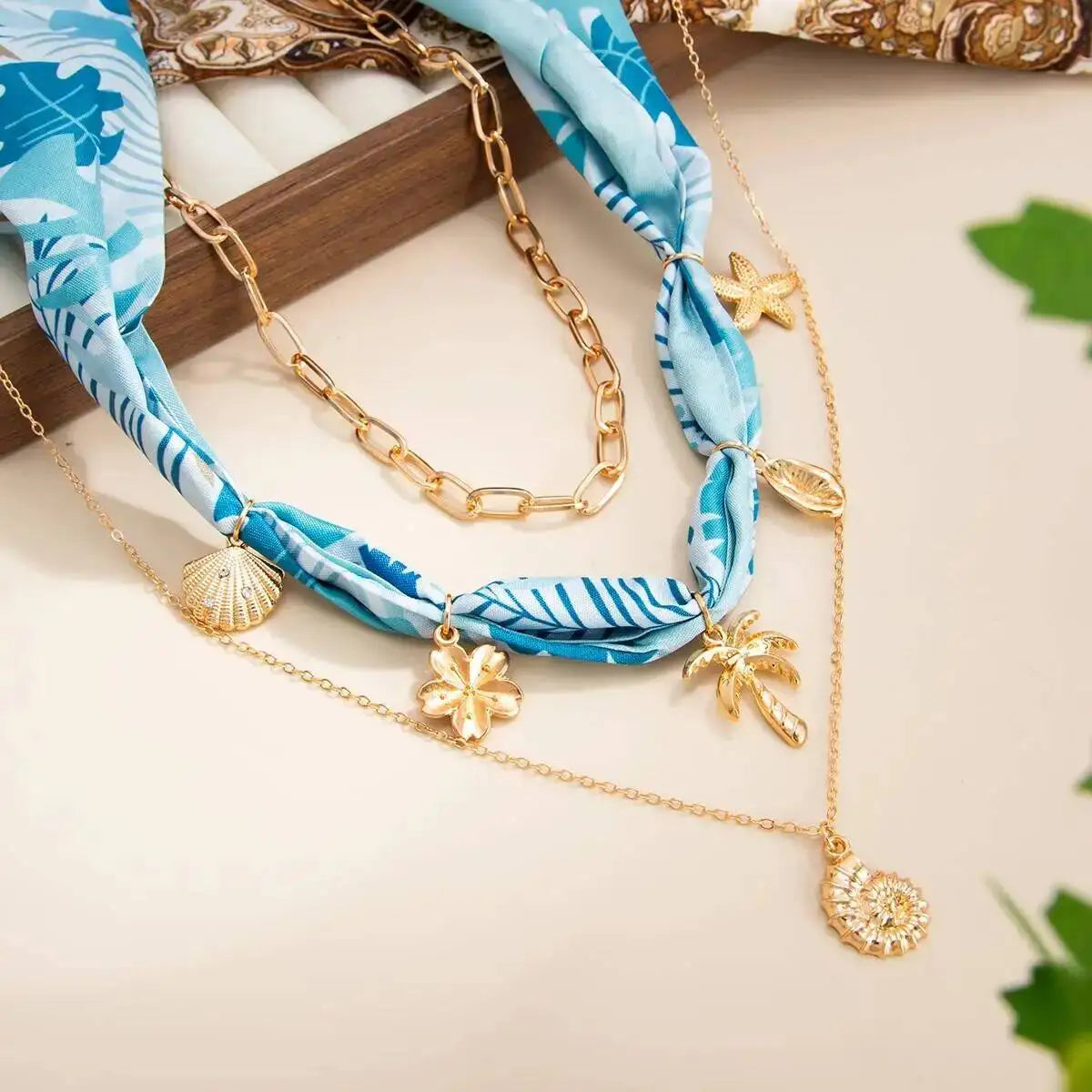 Ingemark 3Pcs/Set Boho Scarf Ribbon Choker Necklace Women Vintage Cross Sun Flower Starfish Conch Coconut Tree Pendant Necklace