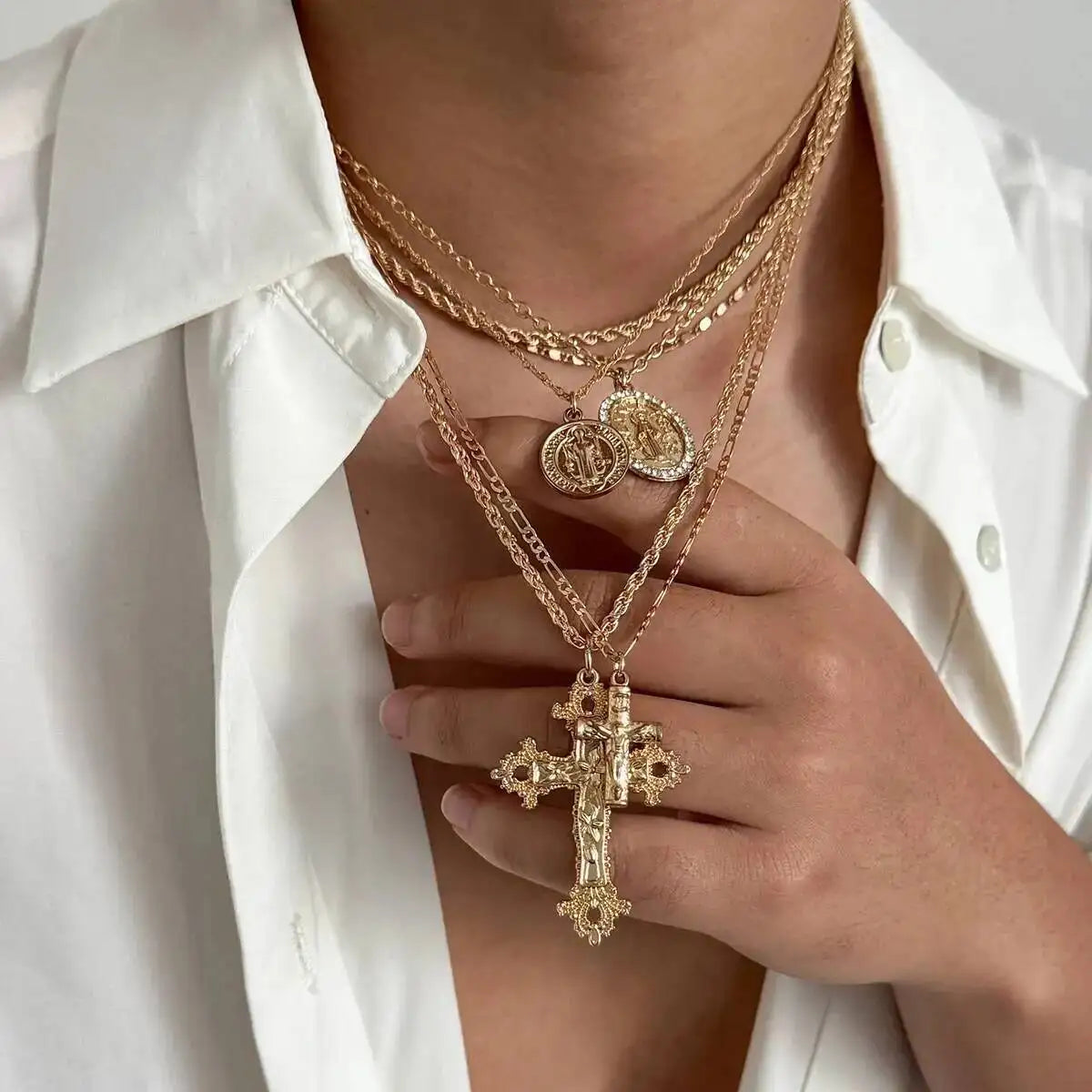 6Pcs/Set Punk Big Cross Jesus Pendant Choker Necklace for Men Collaes Hip Hop Adjustable Chain Christian Jewelry Gift