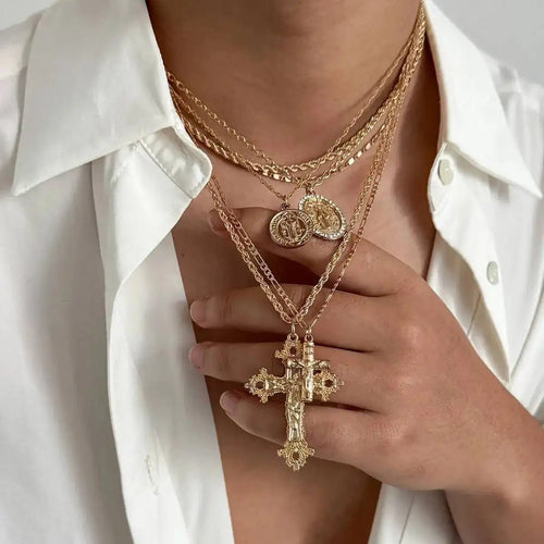 6Pcs/Set Punk Big Cross Jesus Pendant Choker Necklace for Men Collaes Hip Hop Adjustable Chain Christian Jewelry Gift