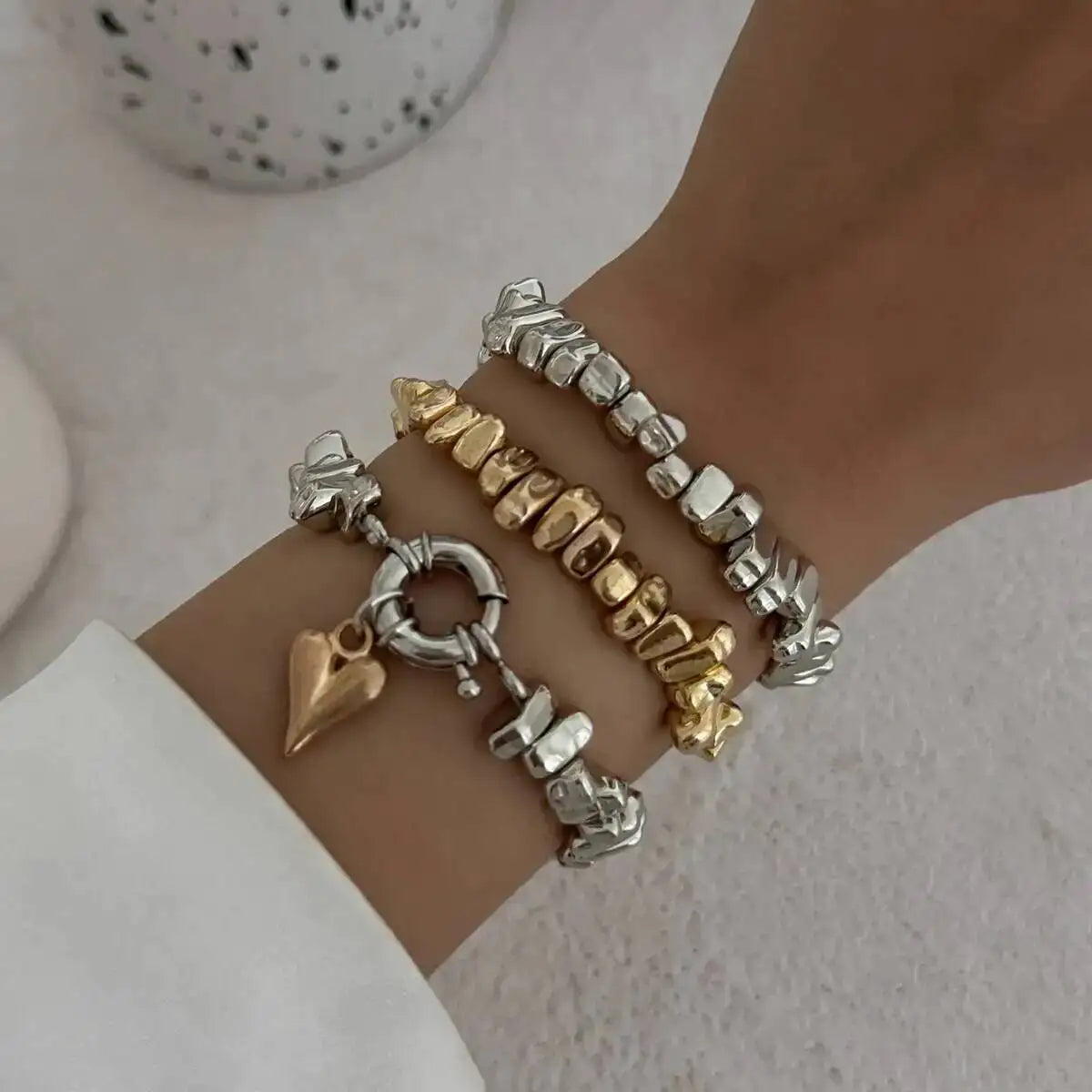 3pcs/set Fashion Irregular CCB Beads Chain Heart Pendant Bracelet Women Vintage Imitation Pearl Bangle Jewelry Gift