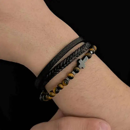 Ingemark Vintage Multi Layer Woven Wide Leather Bracelet for Men Trend Goth Stainless Steel Cross Charm Bangle Male Hand Jewelry
