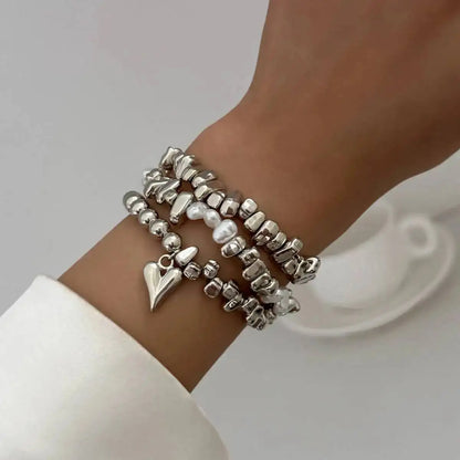 3pcs/set Fashion Irregular CCB Beads Chain Heart Pendant Bracelet Women Vintage Imitation Pearl Bangle Jewelry Gift