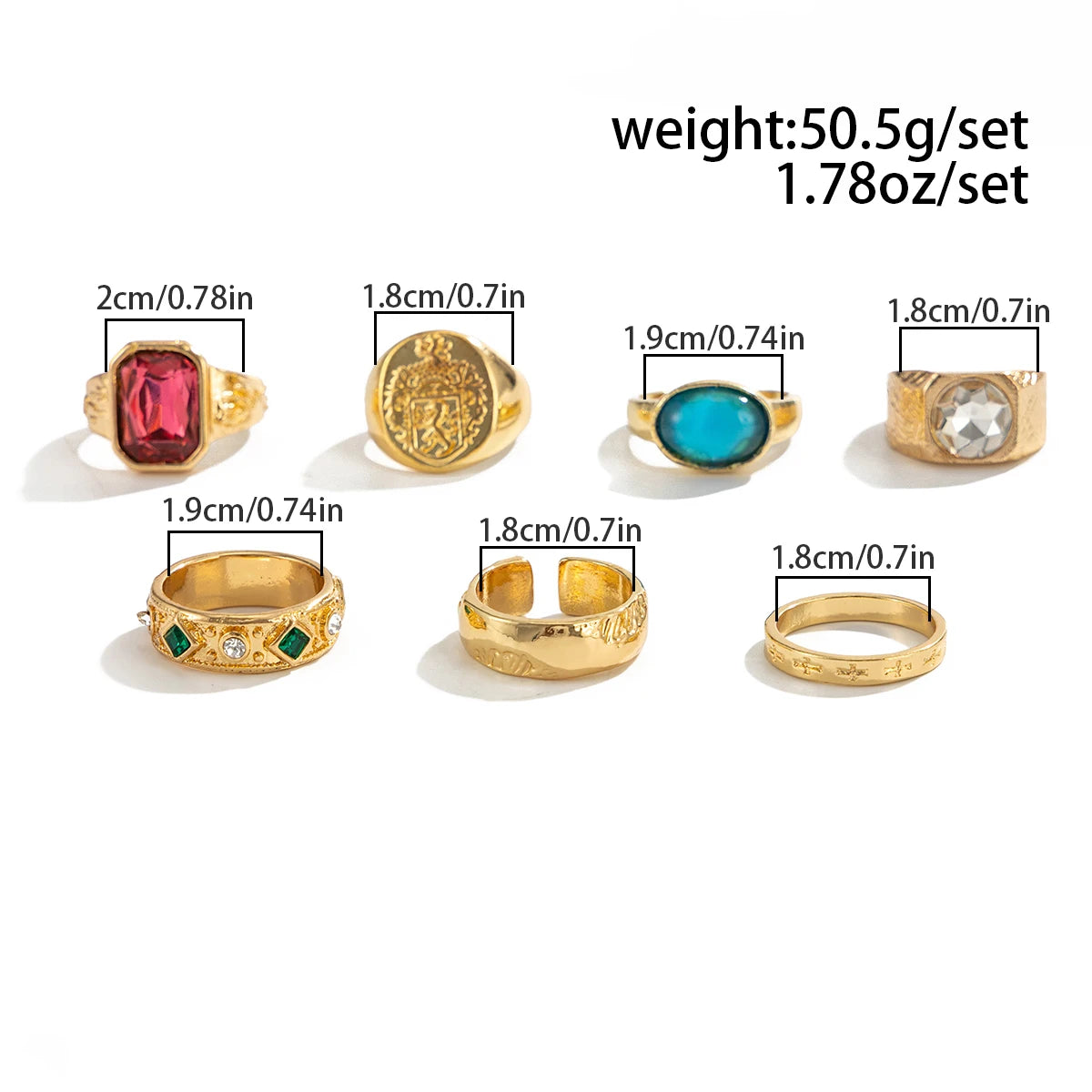 Ingemark 7Pcs/Set Luxury Inlay Acrylic Rhinestone Open Rings for Men Punk Gold Color Metal Adjustable Ring Jewelry Accessories