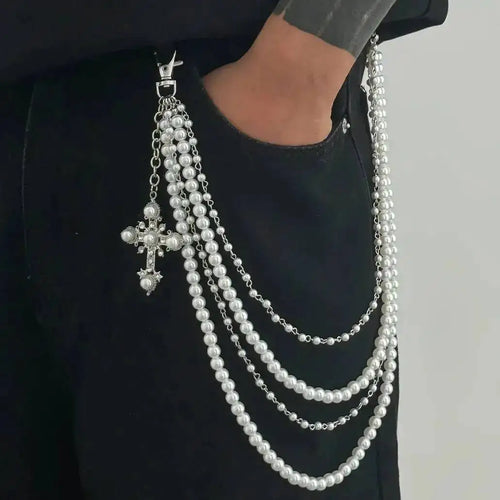 Men's Hip Hop Trend Exquisite Multilayer Imitation Pearl Keychain Cross Pendant Wallet Belt Chain Jewelry Accessory
