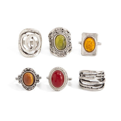 Ingemark 6 Pcs/Set Ethnic Style Colorful Resin Acrylic Rings for Women Retro Stacked Irregular Chunky Ring Daily Wear Jewelry