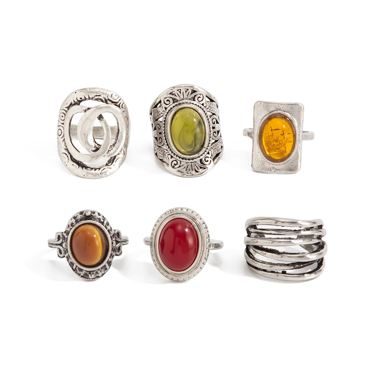 Ingemark 6 Pcs/Set Ethnic Style Colorful Resin Acrylic Rings for Women Retro Stacked Irregular Chunky Ring Daily Wear Jewelry
