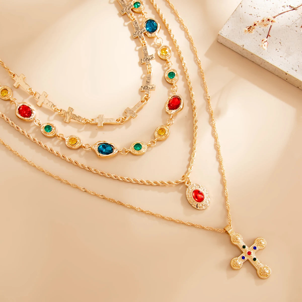 Ingemark 4Pcs/Set Luxury Inlay Colorful Rhinestone Cross Pendant Necklace Women Exquisite Multiple Layers Stackable Y2K Jewelry