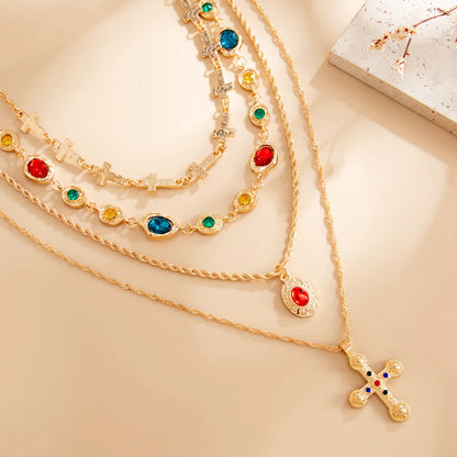 Ingemark 4Pcs/Set Luxury Inlay Colorful Rhinestone Cross Pendant Necklace Women Exquisite Multiple Layers Stackable Y2K Jewelry