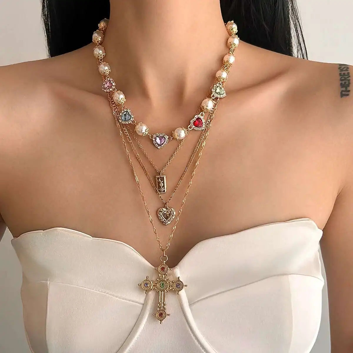 Ingemark Multilayer Rhinestone Love Heart Imitation Pearl Chain Necklace Women Creative Jesus Cross Pendant Choker Y2K Jewelry