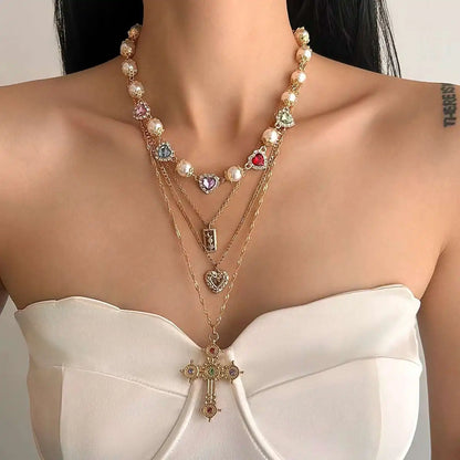 Ingemark Multilayer Rhinestone Love Heart Imitation Pearl Chain Necklace Women Creative Jesus Cross Pendant Choker Y2K Jewelry