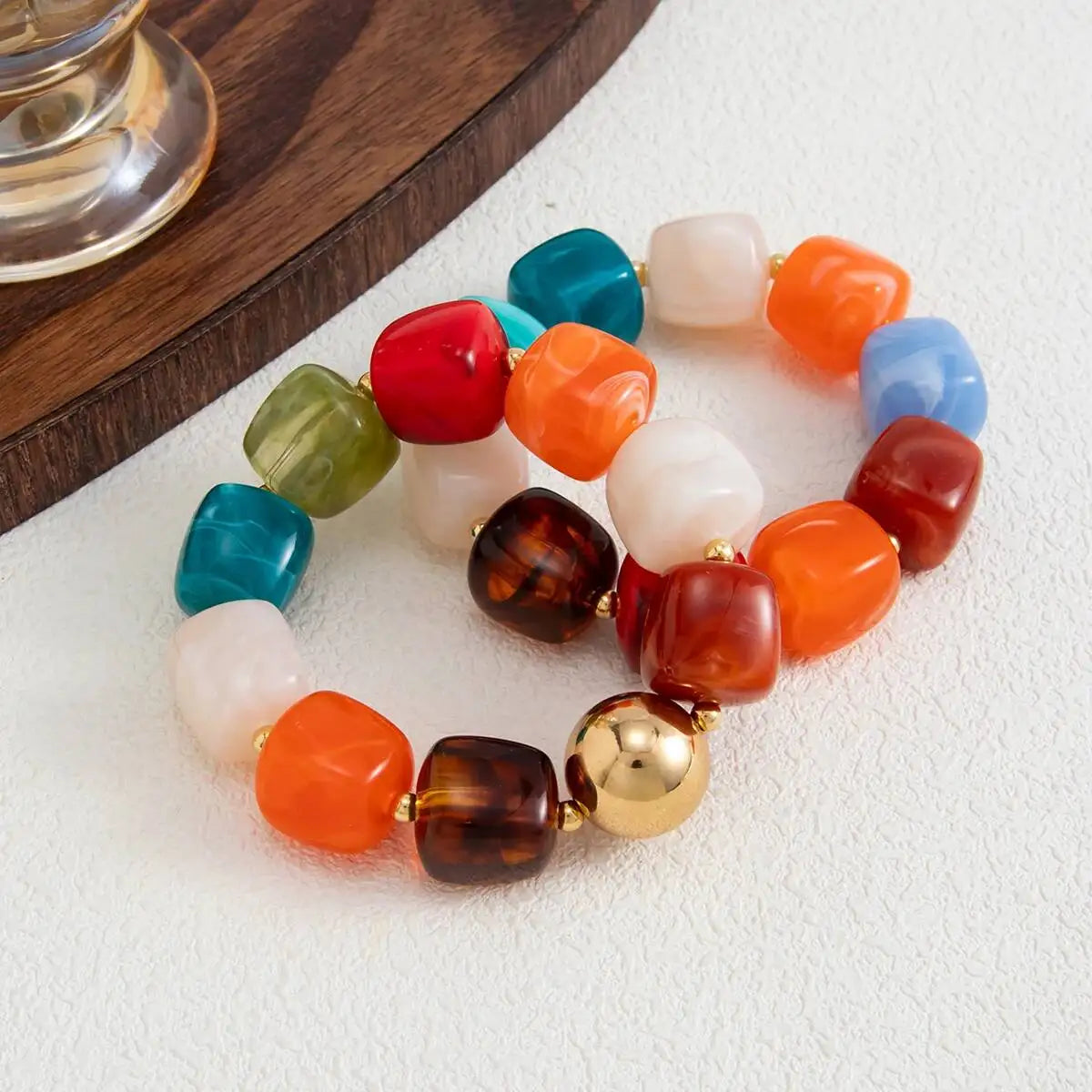 Ingemark 2Pcs/Set Retro Resin Beaded Bracelet for Women Bohemian Stackable Acrylic Elastic Bangle 2026 New Jewelry Accessories
