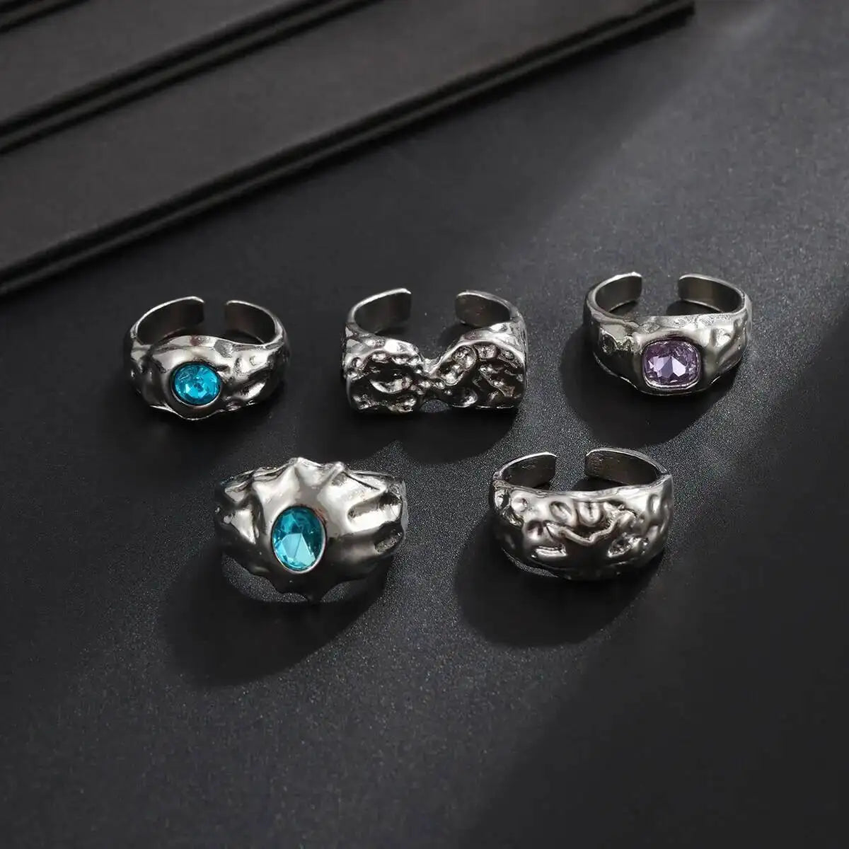 Ingemark 5 Pcs/Set Punk Colorful Acrylic Rhinestone Adjustable Open Ring for Men Hip Hop Retro Geometry Chunky Ring Male Jewelry