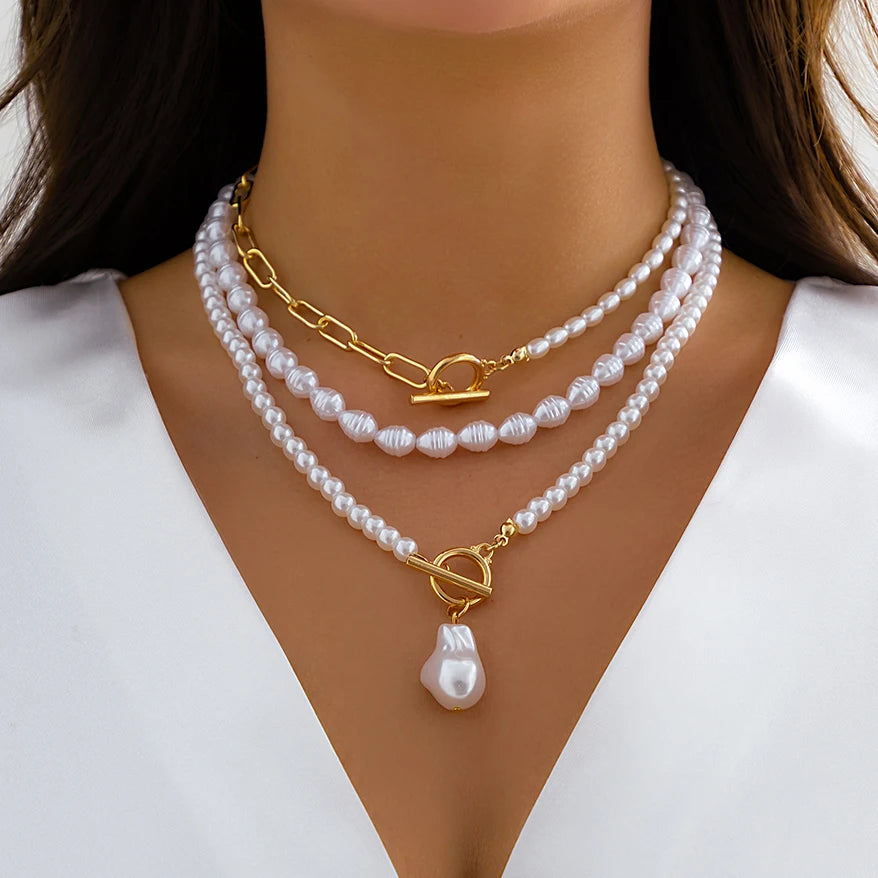 Ingemark Vintage Imitation-Pearl Heart OT Buckle Pendant Necklace Women Wedding Bridal Bead Chain Neck Accessories Jewelry New