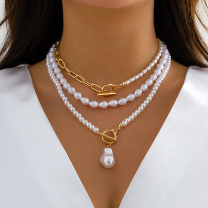 Ingemark Vintage Imitation-Pearl Heart OT Buckle Pendant Necklace Women Wedding Bridal Bead Chain Neck Accessories Jewelry New