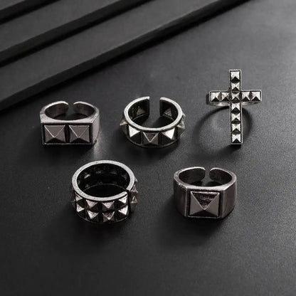 Ingemark 5 Pcs Gothic Punk Cross Chunky Open Rings Set for Men Hip-Hop Rivets Stackable Adjustable Knuckle Rings Finger Jewelry