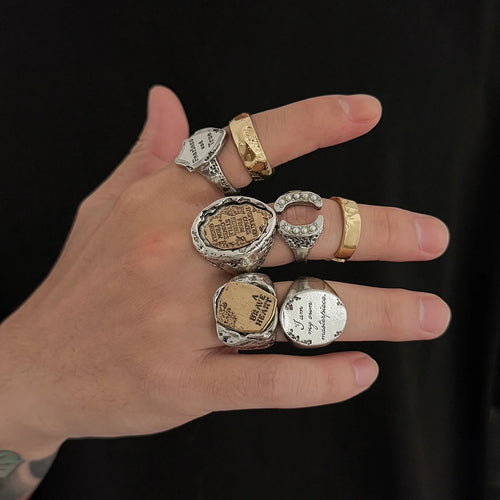 Ingemark 7 Pcs Punk Irregular Letter Chunky Open Rings Set for Men Hip Hop Metal Adjustable Knuckle Rings Grunge Jewelry New