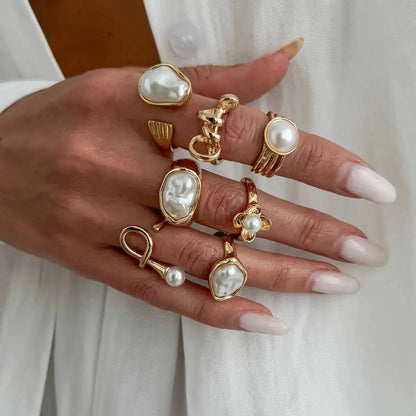 Ingemark 7 Pcs Baroque Imitation Pearl Open Rings Set for Women Elegant Irregular Stackable Adjustable Finger Ring Jewelry Gift