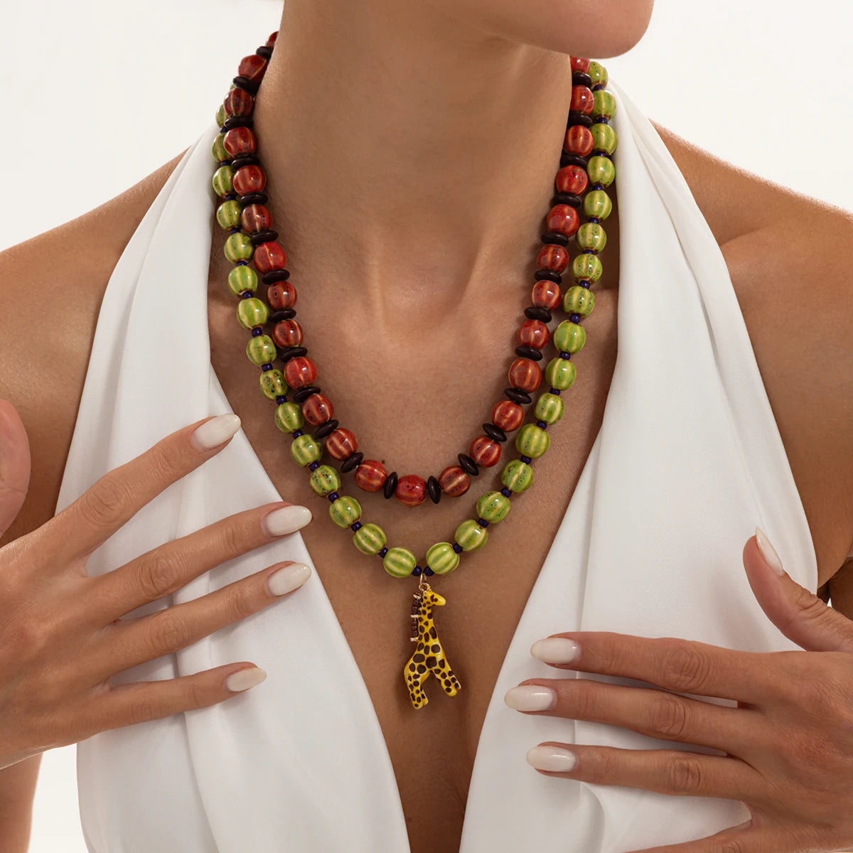 Ingemark 2Pcs/Set Trendy Red Greend Ceramics Beaded Chokers Necklace Women Vintage Stacked Giraffe Pendant Necklace Boho Jewelry
