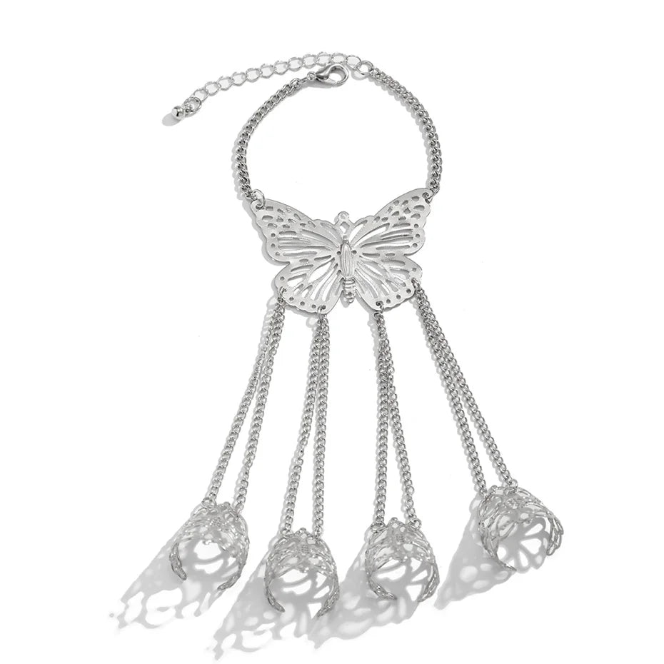 Goth Gypsy Ethnic Big Hollow Butterfly Wrist Chain Finger Rings Harness Bracelets for Women Belly Dancer Dubai Halloween Jewelry