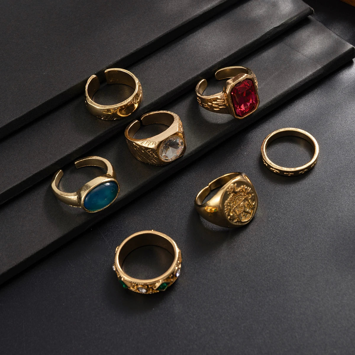 Ingemark 7Pcs/Set Luxury Inlay Acrylic Rhinestone Open Rings for Men Punk Gold Color Metal Adjustable Ring Jewelry Accessories
