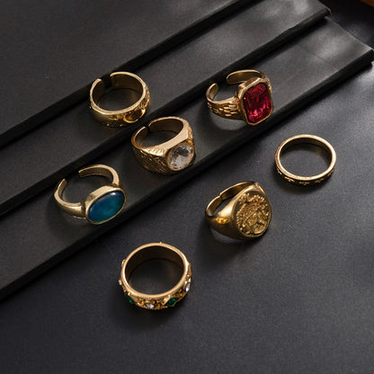Ingemark 7Pcs/Set Luxury Inlay Acrylic Rhinestone Open Rings for Men Punk Gold Color Metal Adjustable Ring Jewelry Accessories