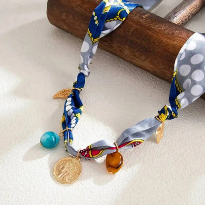 Ingemark Elegant Adjustable Silk Scarf Choker Necklace for Women Vintage Boho Leaf Coin Pendant Necklace Daily Jewelry Gift