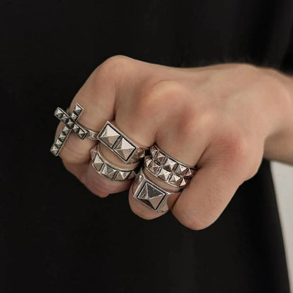 Ingemark 5 Pcs Gothic Punk Cross Chunky Open Rings Set for Men Hip-Hop Rivets Stackable Adjustable Knuckle Rings Finger Jewelry