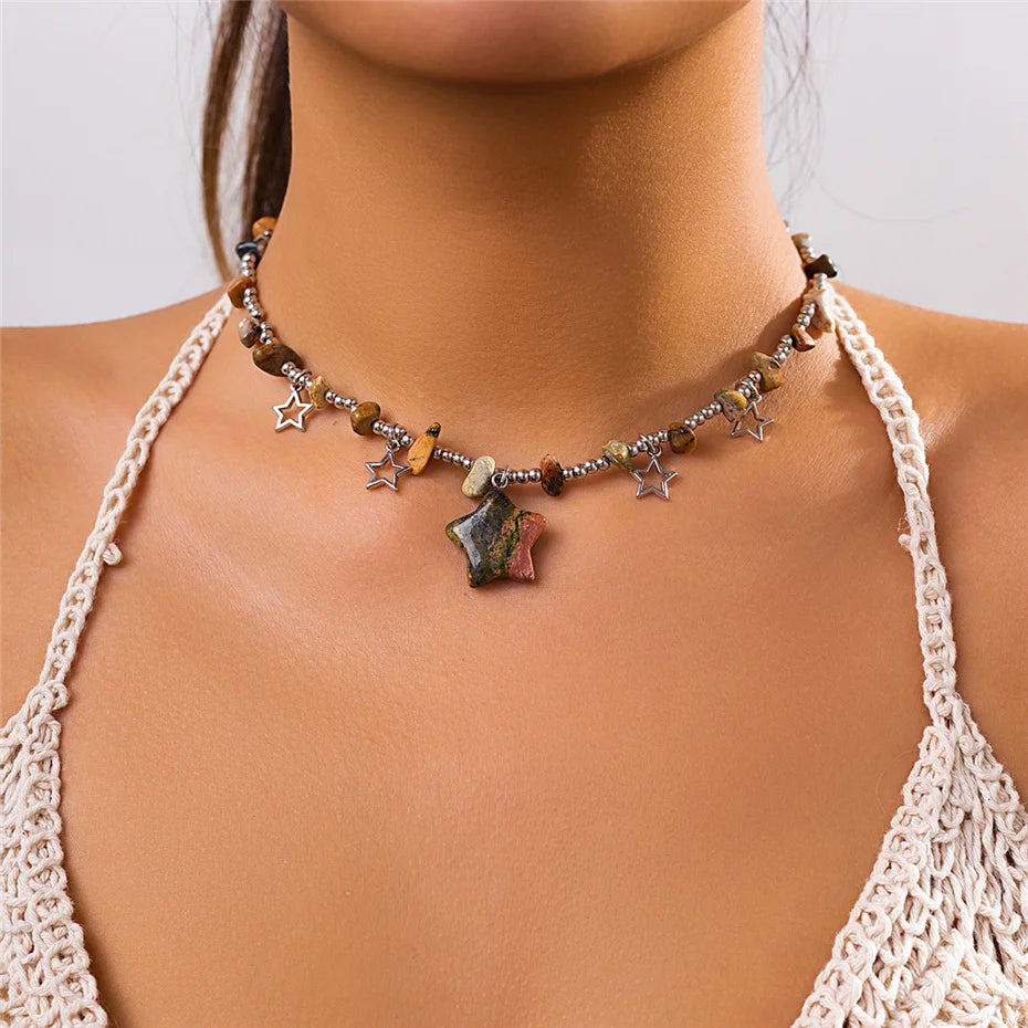 Boho Colorful Irregular Stone Hollow Star Pendant Choker Necklace Women Summer Goth Beads Chain Y2K Jewelry Accessories