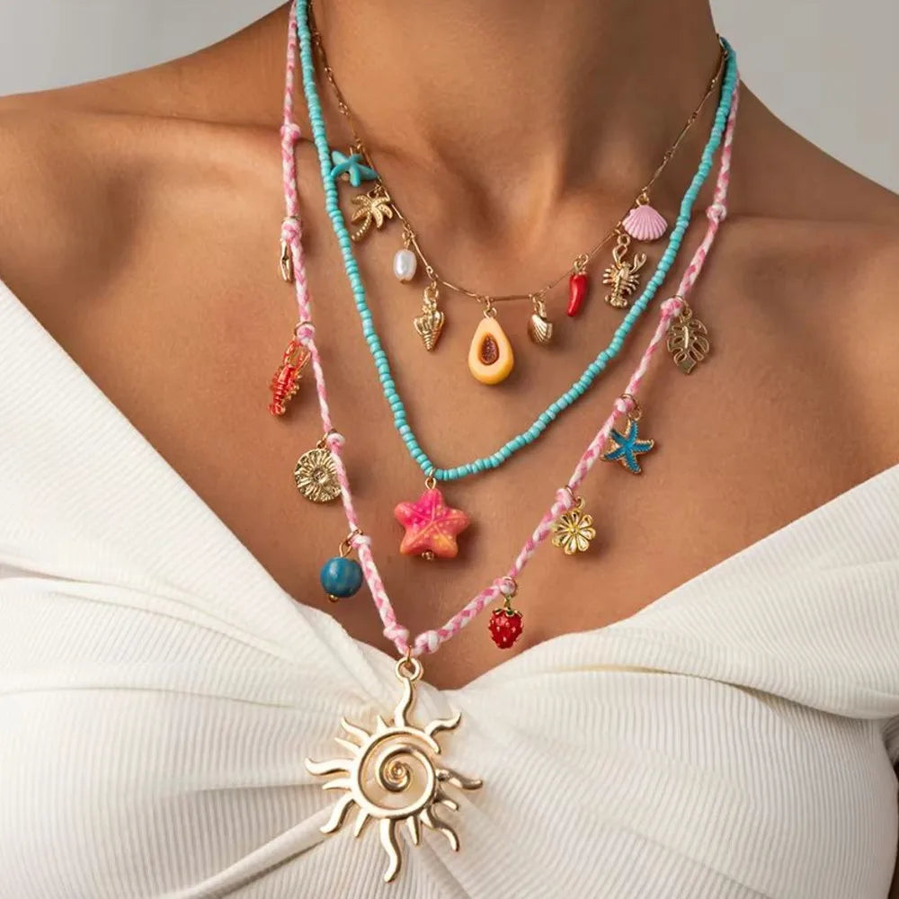 Ingemark 3 Pcs/Set Cute Starfish Conch Crayfish Sun Pendant Necklace for Women Summer Beach Beads Chain Choker Y2K Jewelry Gifts