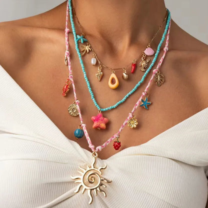 Ingemark 3 Pcs/Set Cute Starfish Conch Crayfish Sun Pendant Necklace for Women Summer Beach Beads Chain Choker Y2K Jewelry Gifts