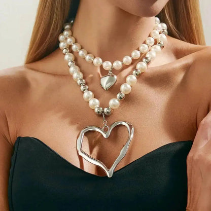 5 Styles Exaggerated Big Love Heart Cross Pendant Choker Necklace for Women Trendy Imitation Pearl Grunge Chain Jewelry