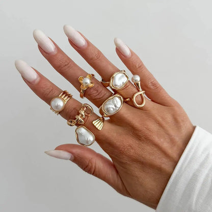Ingemark 7 Pcs Baroque Imitation Pearl Open Rings Set for Women Elegant Irregular Stackable Adjustable Finger Ring Jewelry Gift