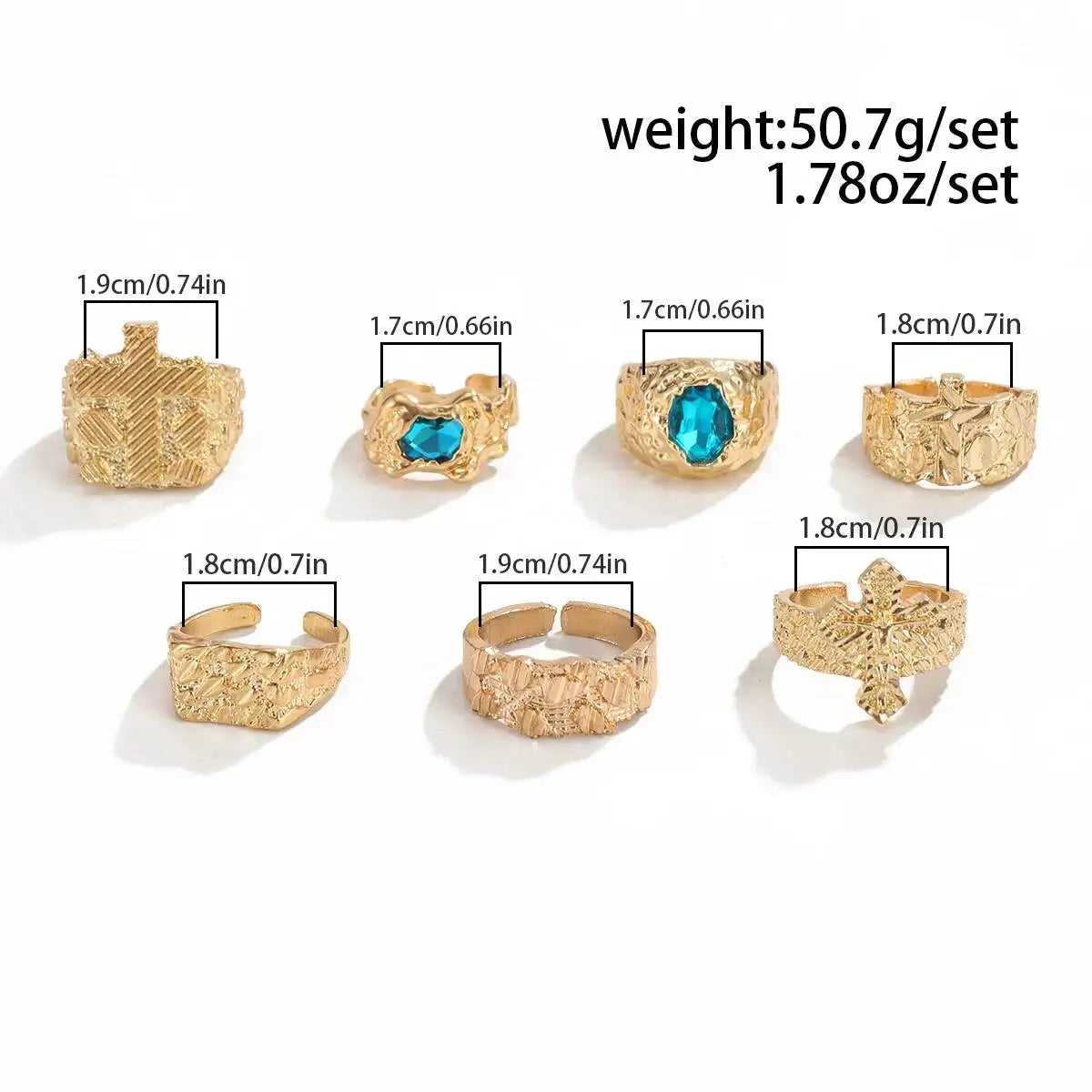 Ingemark 7 Pcs/Set Unique Gold Color Texture Metal Open Rings for Men Punk Inlay Blue Acrylic Rhinestone Rings Male Jewelry Gift