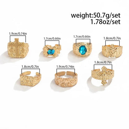 Ingemark 7 Pcs/Set Unique Gold Color Texture Metal Open Rings for Men Punk Inlay Blue Acrylic Rhinestone Rings Male Jewelry Gift