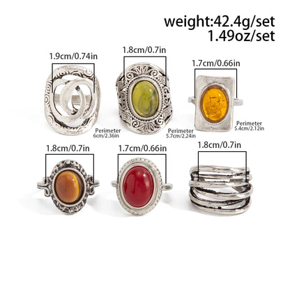 Ingemark 6 Pcs/Set Ethnic Style Colorful Resin Acrylic Rings for Women Retro Stacked Irregular Chunky Ring Daily Wear Jewelry