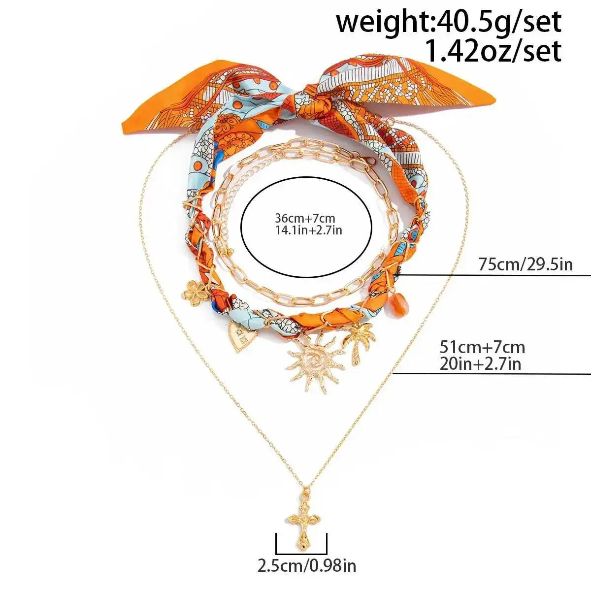 Ingemark 3Pcs/Set Boho Scarf Ribbon Choker Necklace Women Vintage Cross Sun Flower Starfish Conch Coconut Tree Pendant Necklace