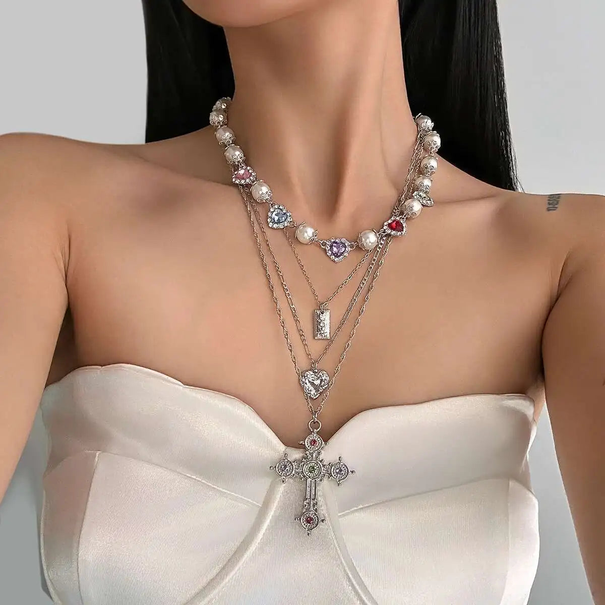 Ingemark Multilayer Rhinestone Love Heart Imitation Pearl Chain Necklace Women Creative Jesus Cross Pendant Choker Y2K Jewelry