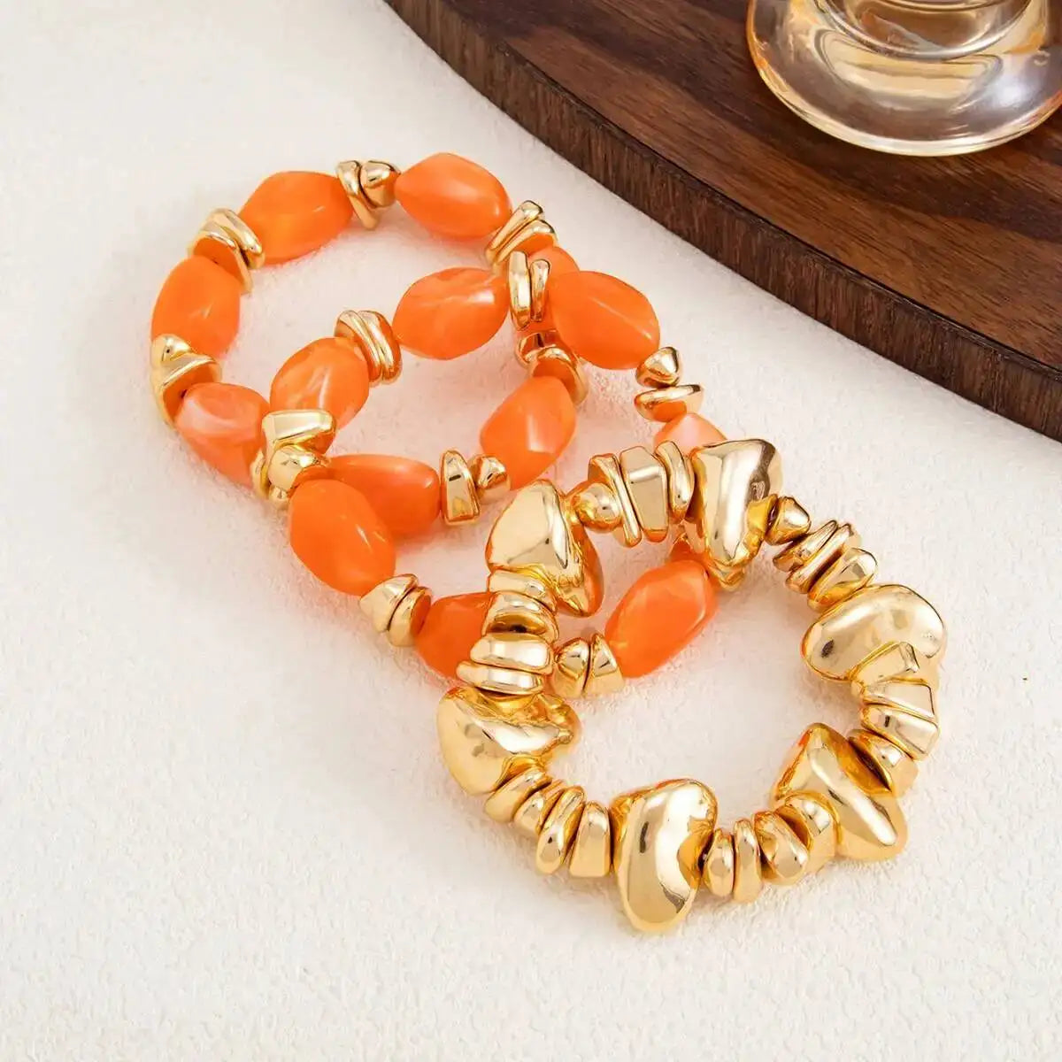 Ingemark 3Pcs/Set Baroque Acrylic Resin Beaded Bracelet for Women Vintage Boho Stacked Elastic Bangles Charm Jewelry Accessories