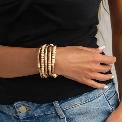 Ingemark 5 Pcs/Set Vintage Wood Beaded Elastic Bracelet for Women Classic Layering Bracelets Charm Bangles Hand Jewelry Gifts