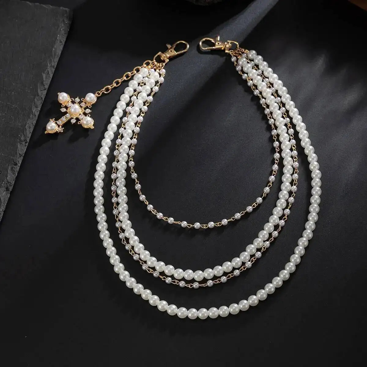 Men's Hip Hop Trend Exquisite Multilayer Imitation Pearl Keychain Cross Pendant Wallet Belt Chain Jewelry Accessory