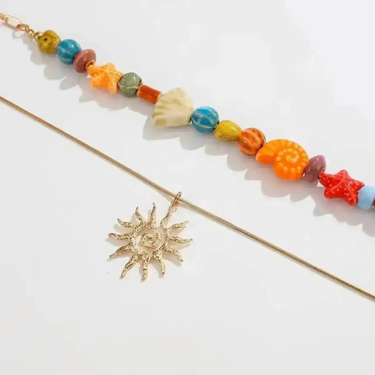 Ingemark 2 Pcs/Set Hip Hop Colorful Ceramic Sea Star Conch Bead Choker Necklace for Men Punk Retro Spiral Sun Pendant Necklaces