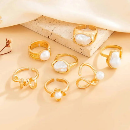 Ingemark 7 Pcs Baroque Imitation Pearl Open Rings Set for Women Elegant Irregular Stackable Adjustable Finger Ring Jewelry Gift