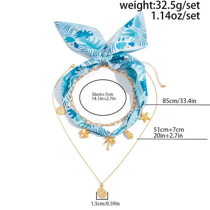 Ingemark 3Pcs/Set Boho Scarf Ribbon Choker Necklace Women Vintage Cross Sun Flower Starfish Conch Coconut Tree Pendant Necklace