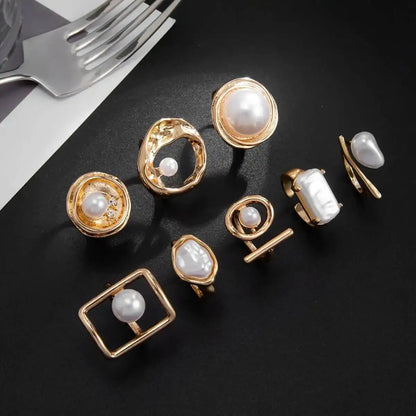 Ingemark 8Pcs/Set Bohemian Imitation Pearl Open Rings for Women New Trendy Irregular Adjustable Finger Ring Baroque Jewelry Gift