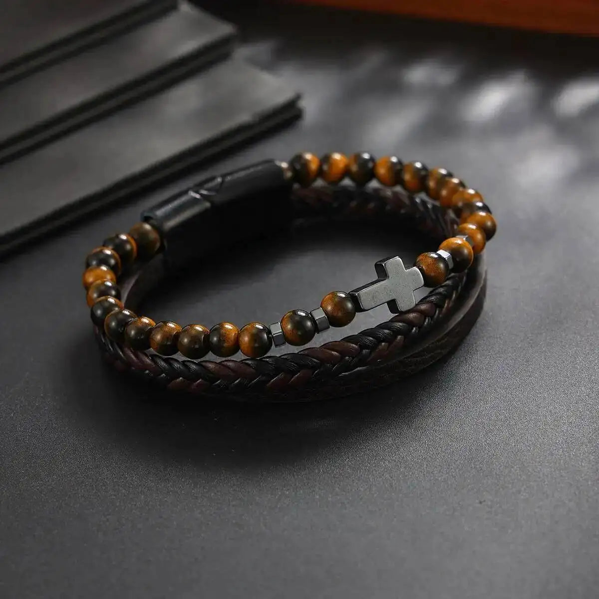 Ingemark Vintage Multi Layer Woven Wide Leather Bracelet for Men Trend Goth Stainless Steel Cross Charm Bangle Male Hand Jewelry