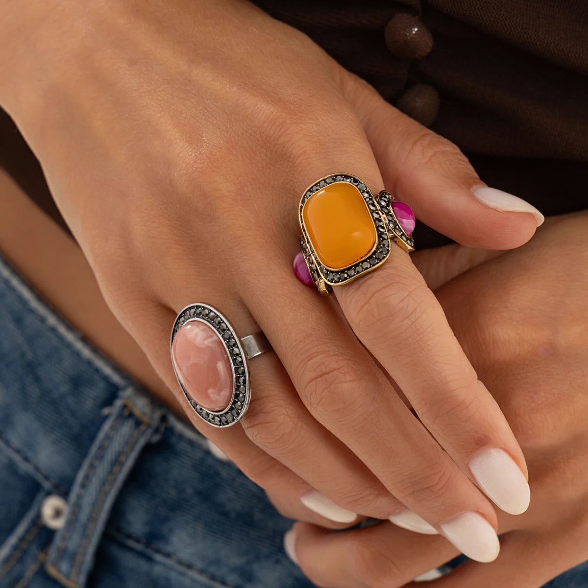 Ingemark 2 Pcs/Set Vintage Inlay Geometric Resin Oval Stone Rings Women Trend Elegant Rhinestone Adjustable Finger Ring Jewelry