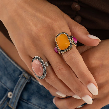 Ingemark 2 Pcs/Set Vintage Inlay Geometric Resin Oval Stone Rings Women Trend Elegant Rhinestone Adjustable Finger Ring Jewelry