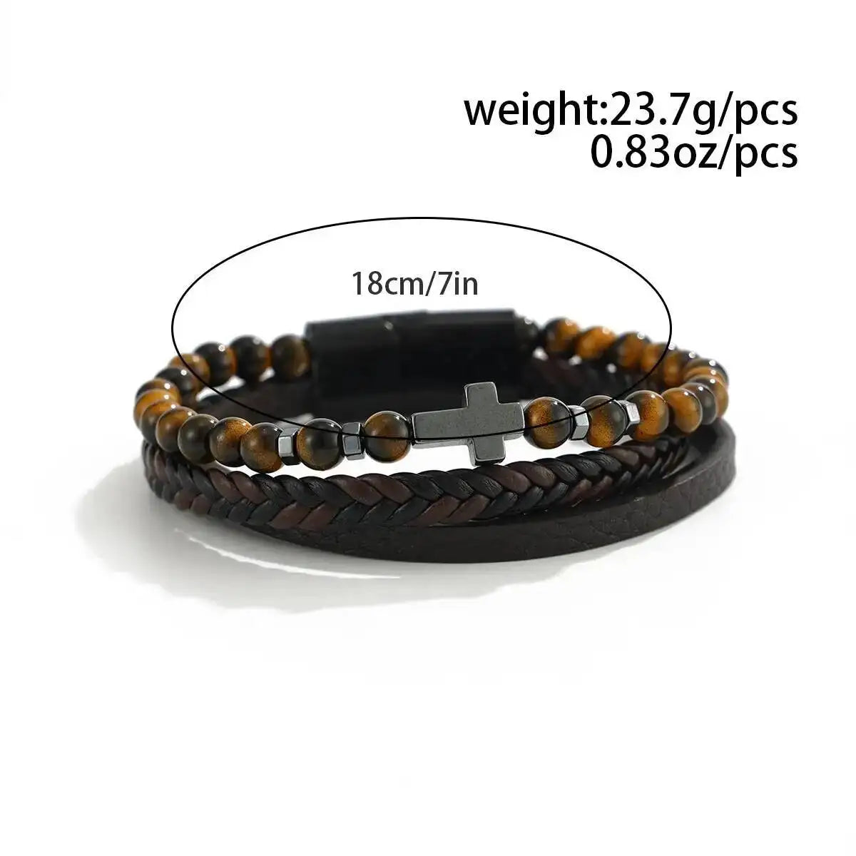 Ingemark Vintage Multi Layer Woven Wide Leather Bracelet for Men Trend Goth Stainless Steel Cross Charm Bangle Male Hand Jewelry