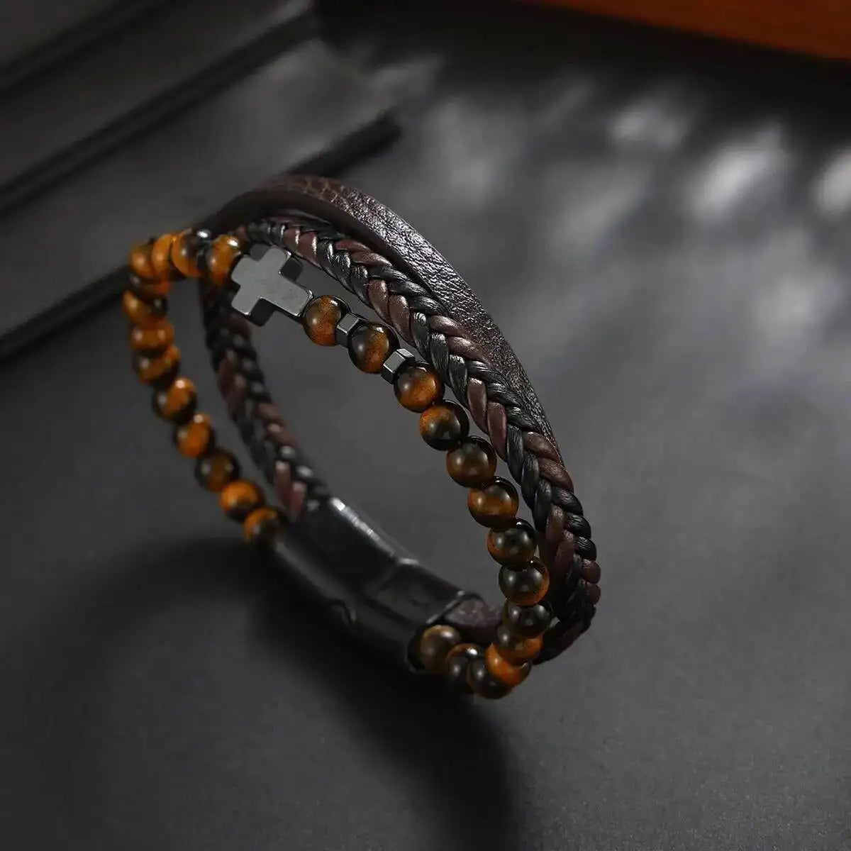 Ingemark Vintage Multi Layer Woven Wide Leather Bracelet for Men Trend Goth Stainless Steel Cross Charm Bangle Male Hand Jewelry